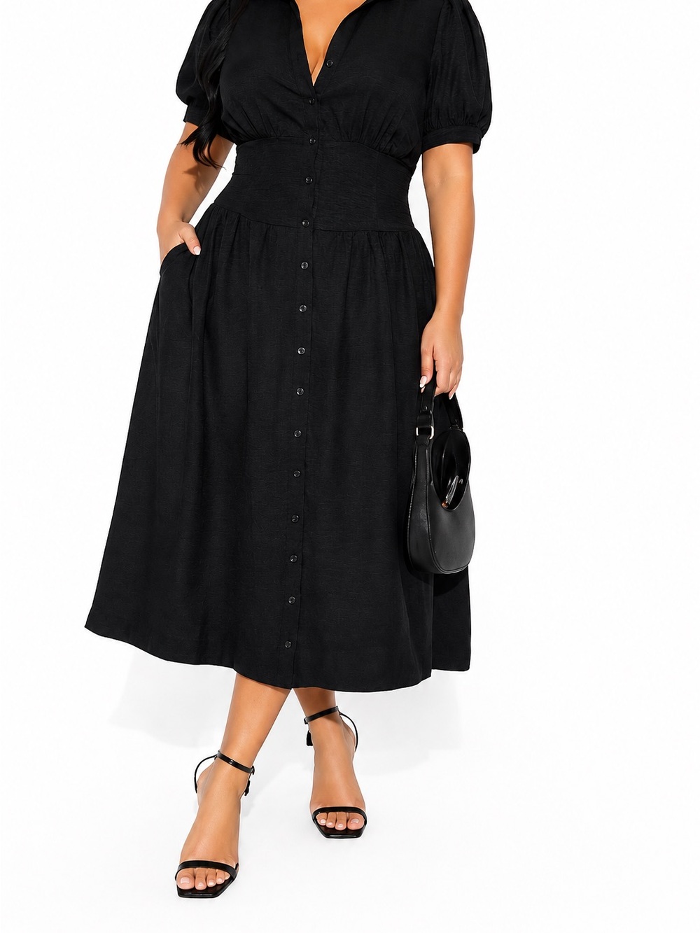 Black Button-Front Midi Dress - Women